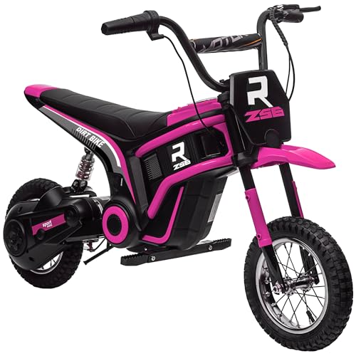 HOMCOM 24V Elektrisches Kinder-Motorrad 8-12 Jahre mit Handgas, Kinder-Crossrad mit Licht und Sound, 2 Geschwindigkeiten 8-16km/h und Rädern 30,5cm, Pink von Aosom Italy