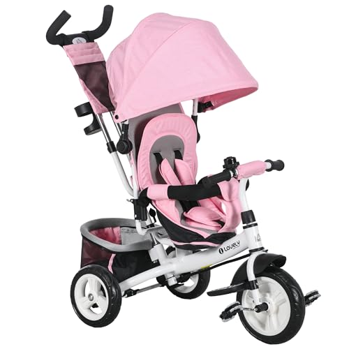 HOMCOM 6-in-1 Dreirad für Kinder von 1-5 Jahren mit Griff, verstellbarem Verdeck, Gurt und Korb, Dreiradkinderwagen aus Metall und Polyester, 102x49x102 cm, weiß und rosa von Aosom Italy