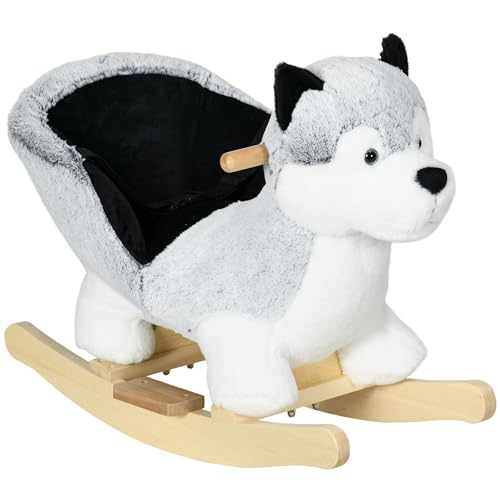 HOMCOM Husky Hundeschaukelpferd, Spielzeug für Kinder von 18-36 Monaten mit gepolstertem Sitz und Sicherheitsgurt, 60x33x50cm, grau von Aosom Italy