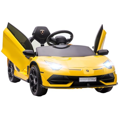 HOMCOM Lamborghini lizenziertes 12V 2-Motor Elektro-Kinderauto mit Federung, 2.4G Fernsteuerung, Scheinwerfer, Hupe und Musik, 3-5km/h, gelb von Aosom Italy