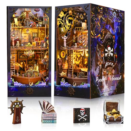 Aoykkii Book Nook DIY Kit,EIN Piratenschiff DIY Puppenhäuser Miniatur Haus Kit mit LED-Licht,3D Puzzle Buchstützen aus Holz von Aoykkii