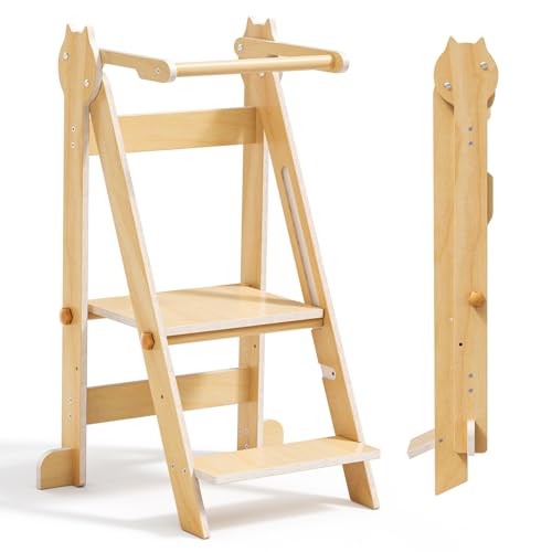 Aoykkii Kinder Lernturm klappbar,Faltbarer Montessori Lernturm, 2-stufiger Höhenverstellbarer Tritthocker für Küche, Bad und Kinderzimmer Faltbarer Holz Learning Tower (Holzfarbe) von Aoykkii