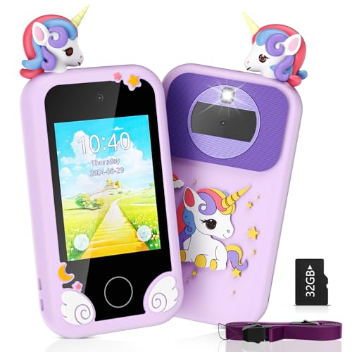 Aoykkii Kinder Smartphone, Dual-Kamera 1080P HD Touchscreen und Spielen mit 32G SD MP3, 2.8” Display Spielzeug Handy mit Musik und Spiel Kinder Handy (Einhorn) von Aoykkii