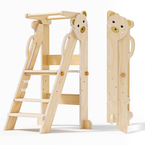 Aoykkii Lernturm Klappbar für Kinder, 3-stufiger höhenverstellbarer Küchentrittschemel, Montessori-Kinderturm für Küche, Bad und Kinderzimmer (Holzfarbe Kleiner Bär) von Aoykkii