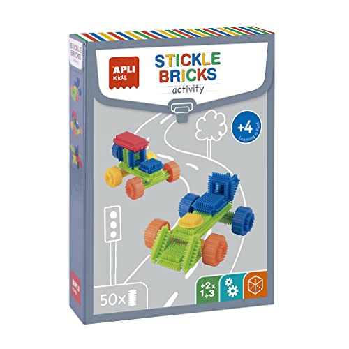 APLI Kids 19159 - Stickle Bricks Bausatz, 50 Teile zum Bauen von Fahrzeugen und Charakteren, inklusive 8 Spielsteine mit Beispielen von APLI Kids