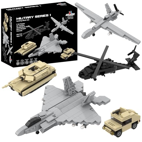 Apostrophe Games 5 militärische Bausteine Set (665 Stück) F-22 Raptor, M1 Abrams Tank, Black Hawk Hubschrauber, UAV Schnitter und Humvee Militär LKW, maßstabsgetreue Modelle von Apostrophe Games