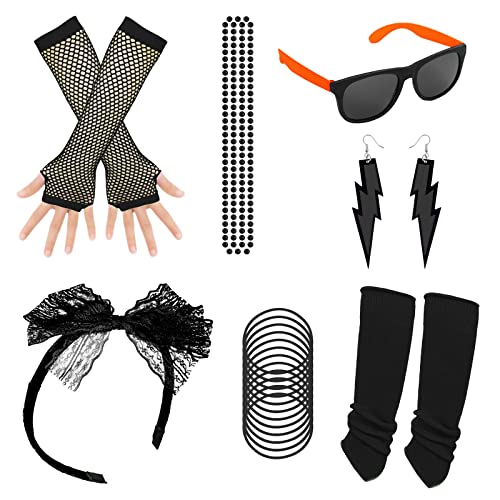 Applysu 80er Jahre Accessoires für Frauen Retro Stirnband Spitze Ohrringe Netzhandschuhe 80er Jahre Frauen Neon Beinlinge für 80er Jahre Kostüm Cosplay Requisiten von Applysu