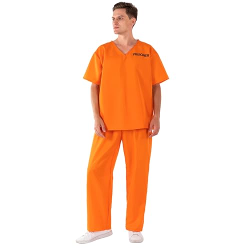 Applysu Erwachsene HäFtling KostüM 2PCS Karneval Orange GefäNgnis SträFling Cosplay KostüM Gefangene RäUber Halloween KostüM von Applysu