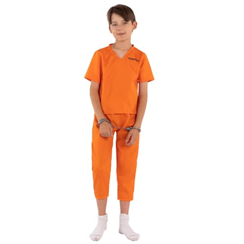 Applysu Gefangenenkostüm für Kinder, orangefarbenes Gefangenenoberteil und Hose, Häftling Sträfling, Räuber, Faschingskostüm für Halloween, Cosplay, Party von Applysu