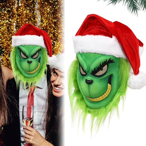 Applysu Grinch Maske Erwachsene Grinch Kostüm Maske Halloween Xmas Green Monster Cosplay Party Requisiten Weihnachtsdekoration Maske von Applysu