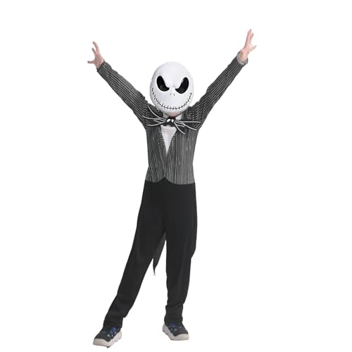 Applysu Kinder Jack Skellington Kostüm Karneval Jungen Jack Cosplay Jumpsuit mit Maske Halloween Schwarz Weiß verkleiden Overall von Applysu