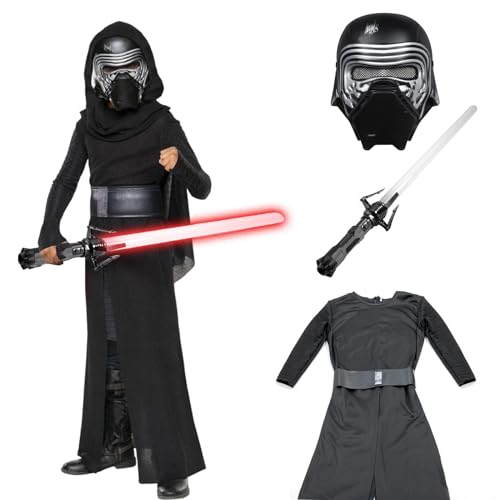 Applysu Kinder Kylo Ren Kostüm SW Kylo Ren Jumpsuit Lichtschwert Maske Halloween Party Schwarz Serie Cosplay Outfits von Applysu