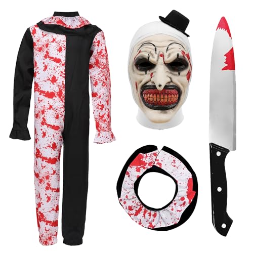 Applysu Kinder Terrifier Kostüm Halloween Art the Clown Kostüm, gruseliger Terrifier schwarz weißer Overall Outfits für Cosplay Partys von Applysu