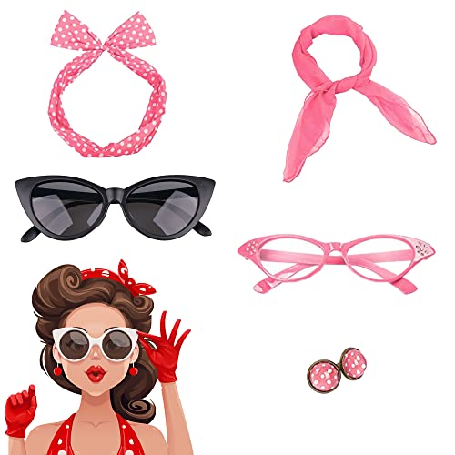 Applysu Rockabilly Accessoires 50er Jahre Kleider Damen Accessoires mit Schal, Brille, Stirnbandnieten, Handschuh, Krawatte für 50er 60er Faschingskostüm Set von Applysu