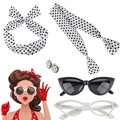 Applysu Rockabilly Accessoires 50er Jahre Kleider Damen Accessoires mit Schal, Brille, Stirnbandnieten, Handschuh, Krawatte für 50er 60er Faschingskostüm Set von Applysu