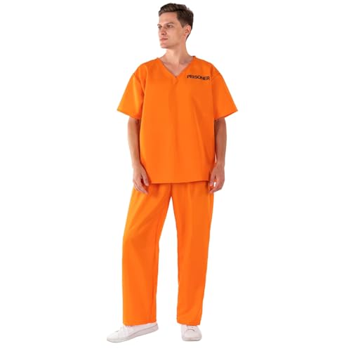 Applysu Unisex Orange Gefangenen Kostüm Anzug Gefängnisstrafgefangenen Häftling Räuber Halloween Verkleidung Kostüm Outfits, passendes orangefarbenes Oberteil und Hose von Applysu