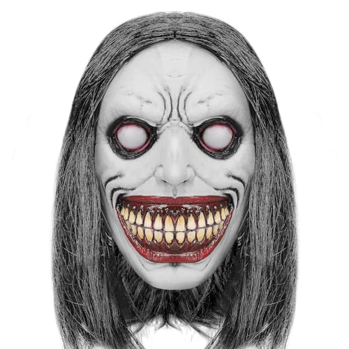 Halloween Gruselige Maske Lächelnde Dämonenmaske Gruselige Realistische Exorzist Maske mit Haaren Horror Böse Kostüm Party Cosplay Requisiten für Erwachsene von Applysu