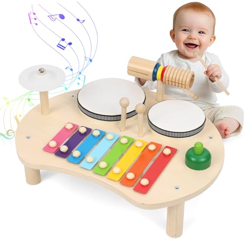 Apritsce Kinder Trommel Set, Musik Kinderspielzeug Aus Holz, Musikinstrumente Baby Set mit Xylophon, Montessori Schlagzeug Spielzeug ab 1 2 3 Jahr, für Ostern Weihnacht Geschenk von Apritsce