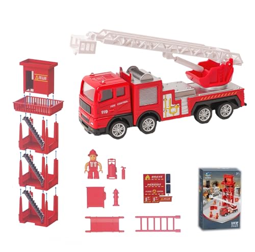 AptoFun Feuerwehr Spielzeug Set mit 1:55 drücken und los. Feuerwehrauto (17 * 4,8 * 7,2cm), Feuerwache und 2 Feuerwehrmänner mit den Werkzeugen für Kinder ab 2 Jahren von AptoFun