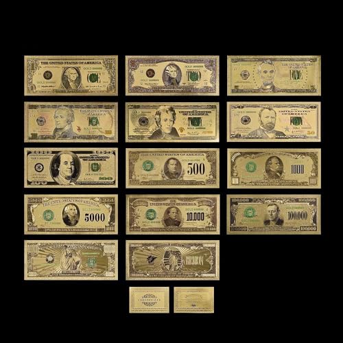 Aqxyvfr nrhnrhh 24 Karat Farbgold-Banknote, seltenes Amerika-Set, Ausgabe 1899 & 1901, Papiergeld, vergoldetes Farbgold, Papiersammlung, Geschäftsgeschenk(Colored 14pcs Set) von Aqxyvfr