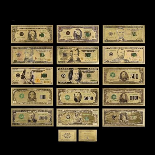 Aqxyvfr nrhnrhh 24 Karat Farbgold-Banknote, seltenes Amerika-Set, Ausgabe 1899 & 1901, Papiergeld, vergoldetes Farbgold, Papiersammlung, Geschäftsgeschenk(Colored 15pcs Set) von Aqxyvfr