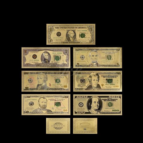 Aqxyvfr nrhnrhh 24 Karat Farbgold-Banknote, seltenes Amerika-Set, Ausgabe 1899 & 1901, Papiergeld, vergoldetes Farbgold, Papiersammlung, Geschäftsgeschenk(Colored 7pcs Set) von Aqxyvfr