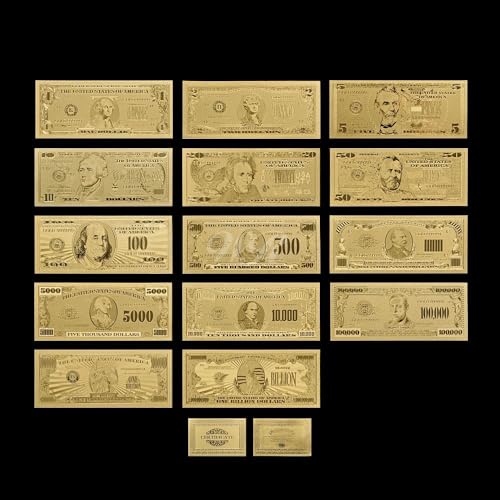 Aqxyvfr nrhnrhh 24 Karat Farbgold-Banknote, seltenes Amerika-Set, Ausgabe 1899 & 1901, Papiergeld, vergoldetes Farbgold, Papiersammlung, Geschäftsgeschenk(Gold 14pcs Set) von Aqxyvfr