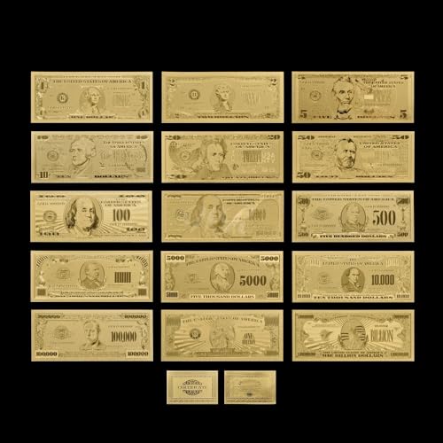 Aqxyvfr nrhnrhh 24 Karat Farbgold-Banknote, seltenes Amerika-Set, Ausgabe 1899 & 1901, Papiergeld, vergoldetes Farbgold, Papiersammlung, Geschäftsgeschenk(Gold 15pcs Set) von Aqxyvfr