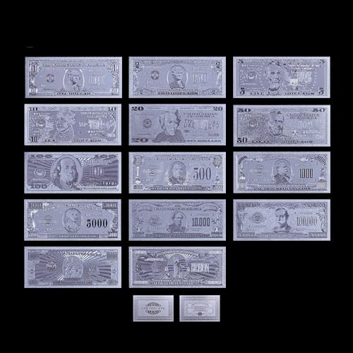 Aqxyvfr nrhnrhh 24 Karat Farbgold-Banknote, seltenes Amerika-Set, Ausgabe 1899 & 1901, Papiergeld, vergoldetes Farbgold, Papiersammlung, Geschäftsgeschenk(Silver 14pcs Set) von Aqxyvfr