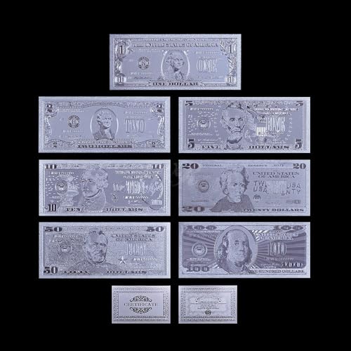 Aqxyvfr nrhnrhh 24 Karat Farbgold-Banknote, seltenes Amerika-Set, Ausgabe 1899 & 1901, Papiergeld, vergoldetes Farbgold, Papiersammlung, Geschäftsgeschenk(Silver 7pcs Set) von Aqxyvfr