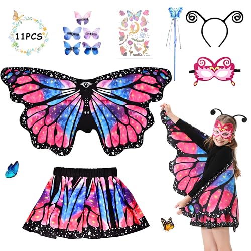 Aragallant 11 Stück Schmetterling Kostüm Kinder, Schmetterlingsflügel Doppelseitig Mädchen mit Rock, Schmetterling Umhang mit Zauberstab Maske Haarreif, Karneval Kostüm für Mädchen (Rosa-blau) von Aragallant