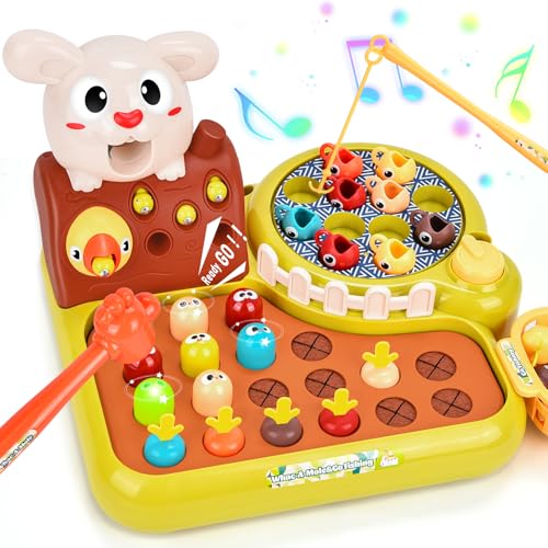 Aragallant Montessori Spielzeug, 4-in-1 Lernspielzeug Motorikspielzeug mit Musik, Kinderspielzeug Hammerspiel, Angelspiel Spielzeug, Vogelfütterungsspiel, Karottenernte Spielzeug, Geschenk für Kinder von Aragallant