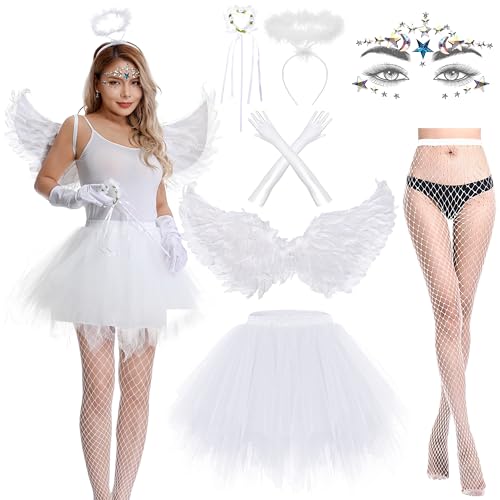 Aragallant Teufel Kostüm Damen, 7 Stück Engel und Teufel Kostüm, Engel Kostüm mit 80CM Engel Flügel Heiligenschein Zauberstab und Strumpf, Verkleidung Damen für Karneval Halloween Cosplay von Aragallant