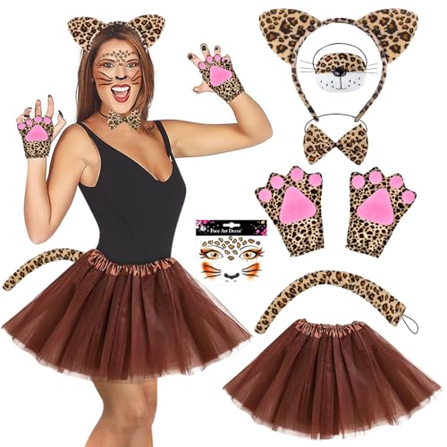 Aragallant 7 Stück Leoparden Kostüme Damen Karneval, Leoparden Tierkostüm Damen mit Tüllrock Braun Ohren Haarreif Gesichtstattoo Schwanz Fliege, Tier Dschungel Kostüm Fasching Party (Leopard) von Aragallant