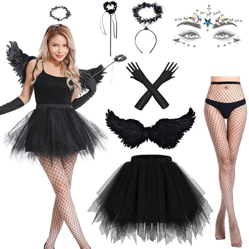 Aragallant Teufel Kostüm Damen, 7 Stück Engel und Teufel Kostüm, Engel Kostüm mit 80CM Engel Flügel Heiligenschein Zauberstab und Strumpf, Verkleidung Damen für Karneval Halloween Cosplay von Aragallant