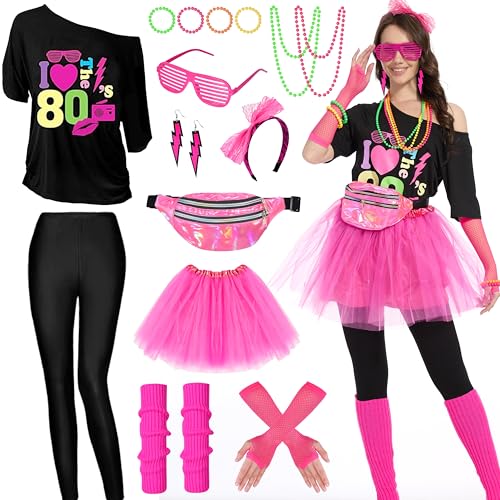 Aragallant 80er Jahre Outfit Damen, Mottoparty 80er Jahre Kostüm, Karneval Kostüm mit T-Shirt, Tutu, Stirnband, Gürteltasche, Ohrring, 80er Neon Party Kostüm für Mädchen (Black, L) von Aragallant