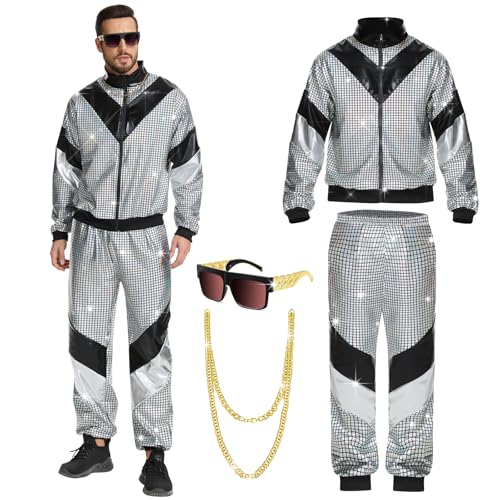 Aragallant 80s 90s Outfit Herren Damen, Kostüm 80s Tracksuit Disco Jacke und Hose, 80s 90s Retro Anzug Jogging Anzug Unisex mit Halsketten Brille für Bad Taste Party, Karneval (L) von Aragallant