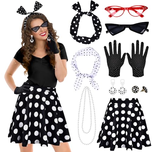 Aragallant 9 Stück Rockabilly Accessoires Damen, 50er Jahre Rockabilly Kostüm mit Polka Dot Rock haarreif Handschuhe Brille Halskette Ohrstecker, 1950s Kostüm Set für Karneval Fasching (Schwarz, M) von Aragallant