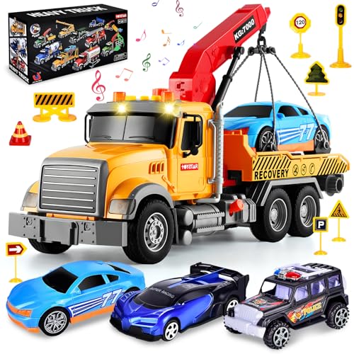 Aragallant Abschleppwagen Spielzeug Set - inkl. (3 Autos, 12 Verkehrszeichen Spielzeug), 1:16 vielseitiger Abschleppwagen mit Licht und Sound, großer Transporter LKW Lastwagen Spielzeug für Kinder von Aragallant