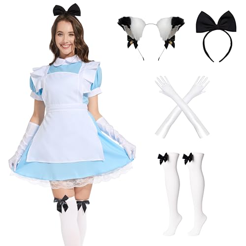 Aragallant Alice Kleid Damen, Maid Kostüm Blau, Alice Kostüm mit Strümpfe Schleife, Prinzessin Kleid Set mit 2 Stirnband und Handschuhe, Faschingskostüme Cosplay Verkleidung Kostüm für Erwachsener von Aragallant