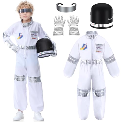 Aragallant Astronaut Kostüm Kinder, Raumanzug mit beweglichem Astronautenhelm, Karneval Kostüm Kinder, Kostüm für Kinder Jungen Mädchen 6+ Jahren von Aragallant