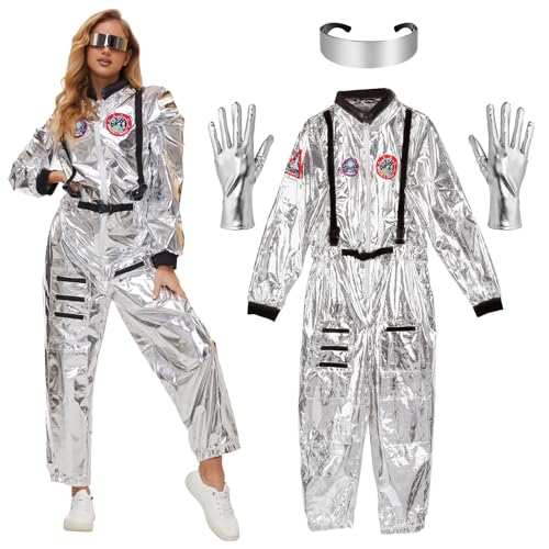 Aragallant Astronauten Kostüme Silber, Spaceman Kostüm Set Unisex, Raumfahrer Kostüm mit Brillen, Astronauten Overall Erwachsene für Cosplay Party Karneval Fastnacht Kleidung (L-175-180cm) von Aragallant