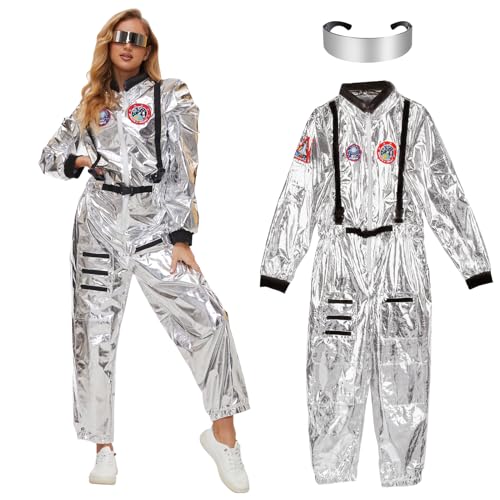 Aragallant Astronauten Kostüme Silber, Spaceman Kostüm Set Unisex, Raumfahrer Kostüm mit Brillen, Astronauten Overall Erwachsene für Cosplay Party Karneval Fastnacht Kleidung (L-175-180cm) von Aragallant