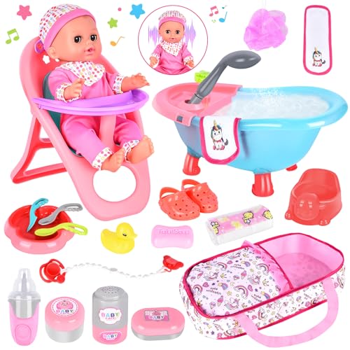 Aragallant Babypuppen Zubehörset mit Puppen, Badezubehör für Baby und Kleinkindpuppen Wasser drücken Badewanne, Spielpuppe mit Funktionen, Geschenkset für Kinder ab 3 Jahren von Aragallant