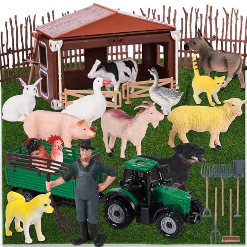 Aragallant Bauernhof Spielzeug Spielset, Groß und Mini Realistische Tierfiguren, Bauernhof Figuren Landwirt vorgeben Spielset mit Zäune, Geschenk für Kinder von Aragallant