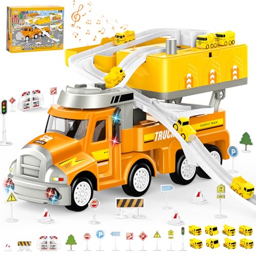 Aragallant Bauwagen Spielzeug, Transport Truck Spielzeugautos Kinder, Lastwagen Spielzeug, DIY Spielzeug Auto Set mit Lichter Rennstrecke und Stadtkartenmatte, Geschenk für Kinder ab 3 Jahren von Aragallant