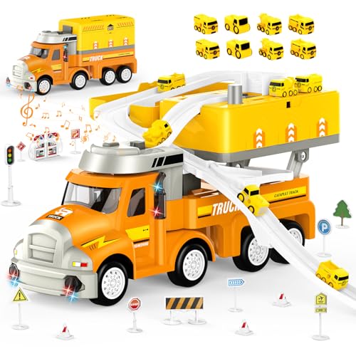 Aragallant Bauwagen Spielzeug, Transport Truck Spielzeugautos Kinder, Lastwagen Spielzeug, DIY Spielzeug Auto Set mit Lichter Rennstrecke und Stadtkartenmatte, Geschenk für Kinder ab 3 Jahren von Aragallant