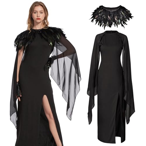 Aragallant Maleficent Kleid Damen, Halloween Böse Königin Kostüm Damen mit Hörner Kopfschmuck und Federkragen, Maleficent Kostüm für Damen Karneval Cosplay (L) von Aragallant