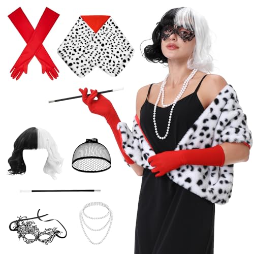 Aragallant Cruella Kostüm Damen, Kurze Schwarze und weiße Perücke, Halloween Kostüm Damen Set, 70er Jahre Accessoires mit Schwarze Augenklappe, Faux Schal, Rote Handschuhen von Aragallant