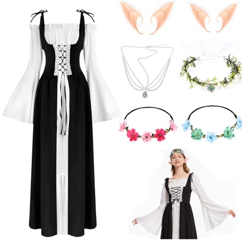 Aragallant Damen Mittelalterliche Kleid, Trompetenärmel Mittelalter Kleid, Halloween Kostüm Erwachsene mit Kopf Kette Blumenkranz Elfenohren für Halloween Karneval (Schwarz, M) von Aragallant